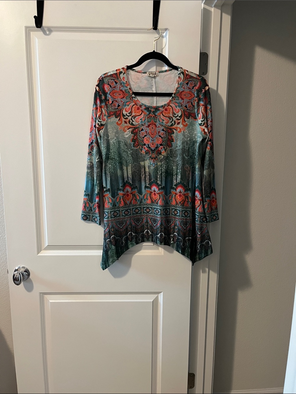 ONE WORLD Teal & Coral Printed Long-Sleeve Tunic